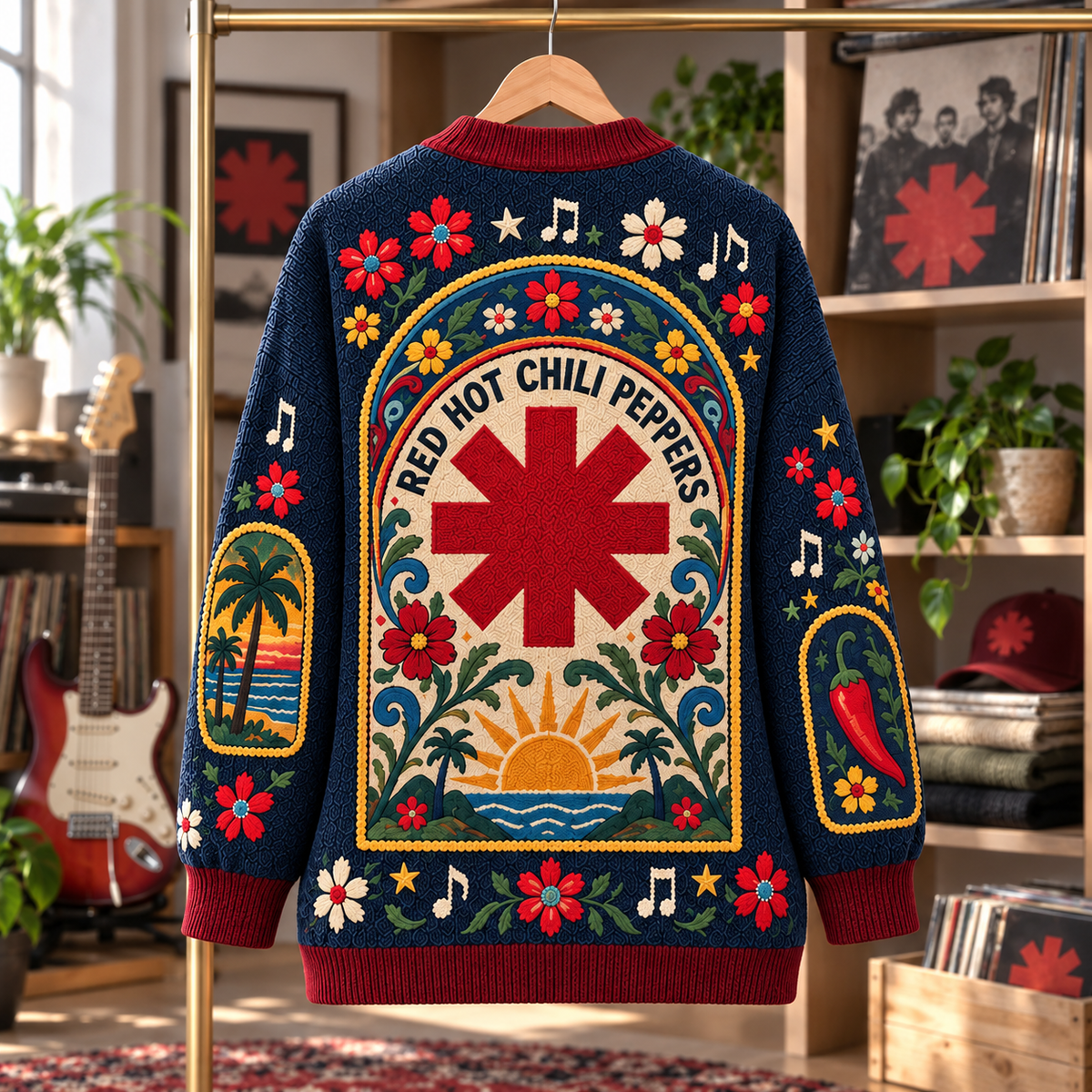 Red Hot Chili Peppers Patchwork Cardigan, Blood Sugar Sex Magik Knit Sweater, Vintage Alternative Rock Cardigan Gift