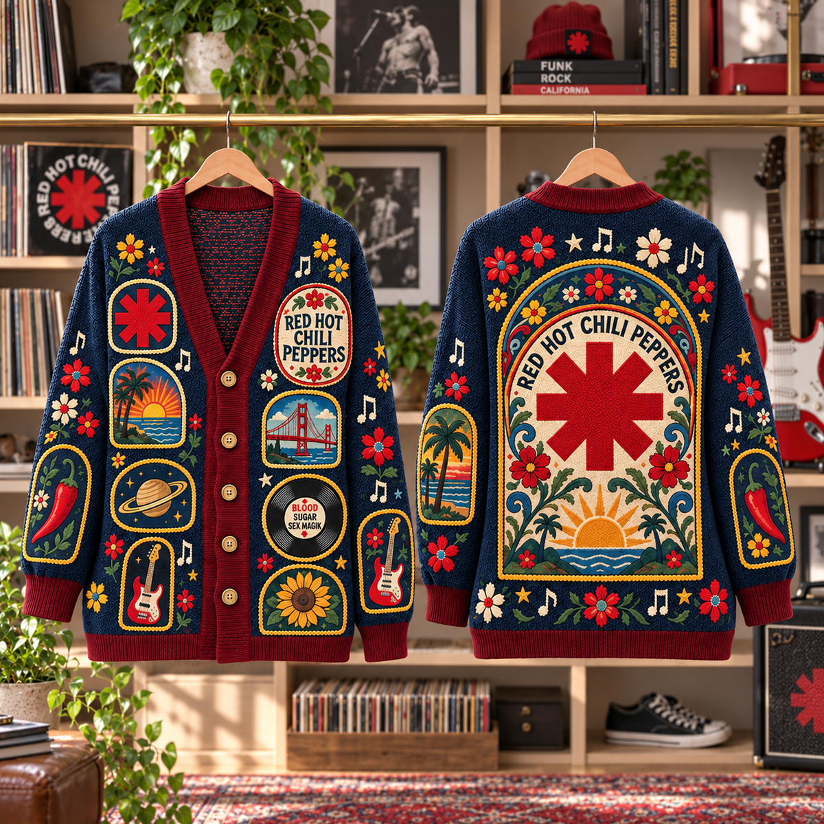 Red Hot Chili Peppers Patchwork Cardigan, Blood Sugar Sex Magik Knit Sweater, Vintage Alternative Rock Cardigan Gift