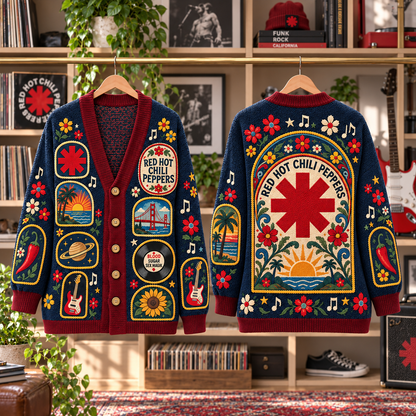 Red Hot Chili Peppers Patchwork Cardigan, Blood Sugar Sex Magik Knit Sweater, Vintage Alternative Rock Cardigan Gift