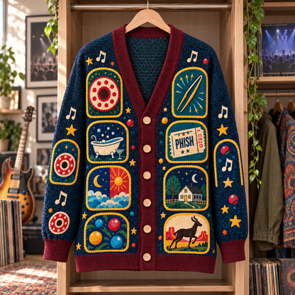 Phish Patchwork Cardigan, Donut Logo Jam Band Knit Sweater, Psychedelic Folk Art Cardigan Gift