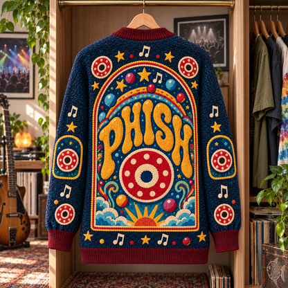 Phish Patchwork Cardigan, Donut Logo Jam Band Knit Sweater, Psychedelic Folk Art Cardigan Gift