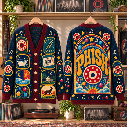 Phish Patchwork Cardigan, Donut Logo Jam Band Knit Sweater, Psychedelic Folk Art Cardigan Gift