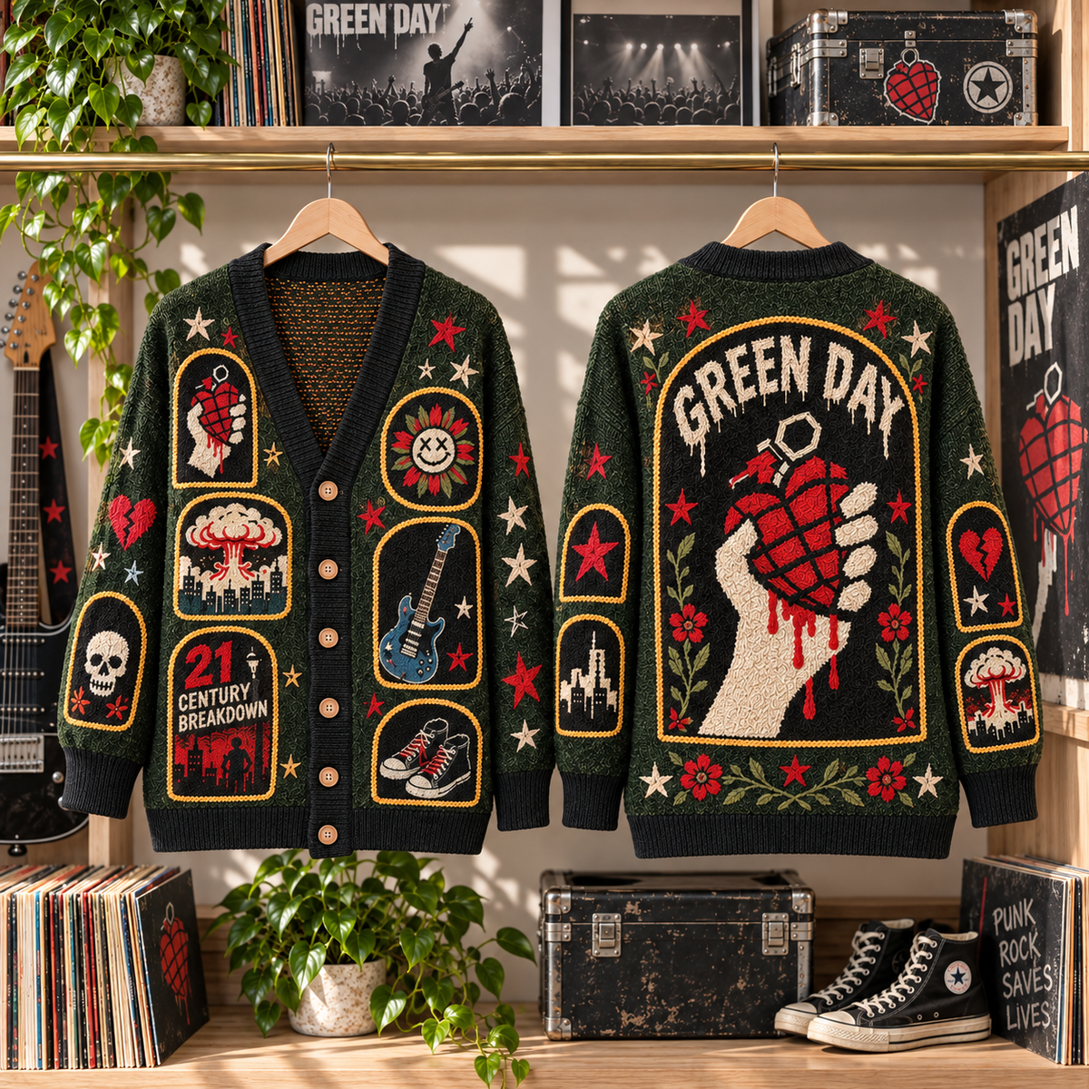 Green Day Patchwork Cardigan, American Idiot 21st Century Breakdown Knit Sweater, Punk Rock Band Cardigan Gift