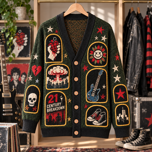 Green Day Patchwork Cardigan, American Idiot 21st Century Breakdown Knit Sweater, Punk Rock Band Cardigan Gift