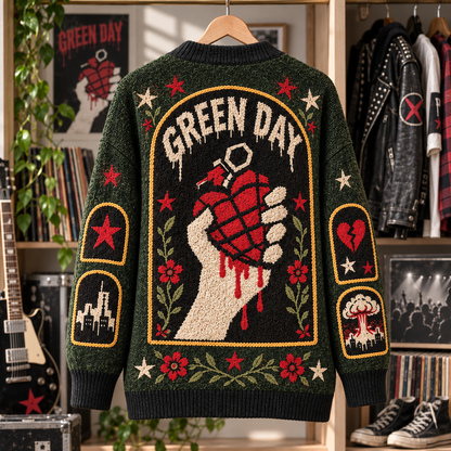 Green Day Patchwork Cardigan, American Idiot 21st Century Breakdown Knit Sweater, Punk Rock Band Cardigan Gift