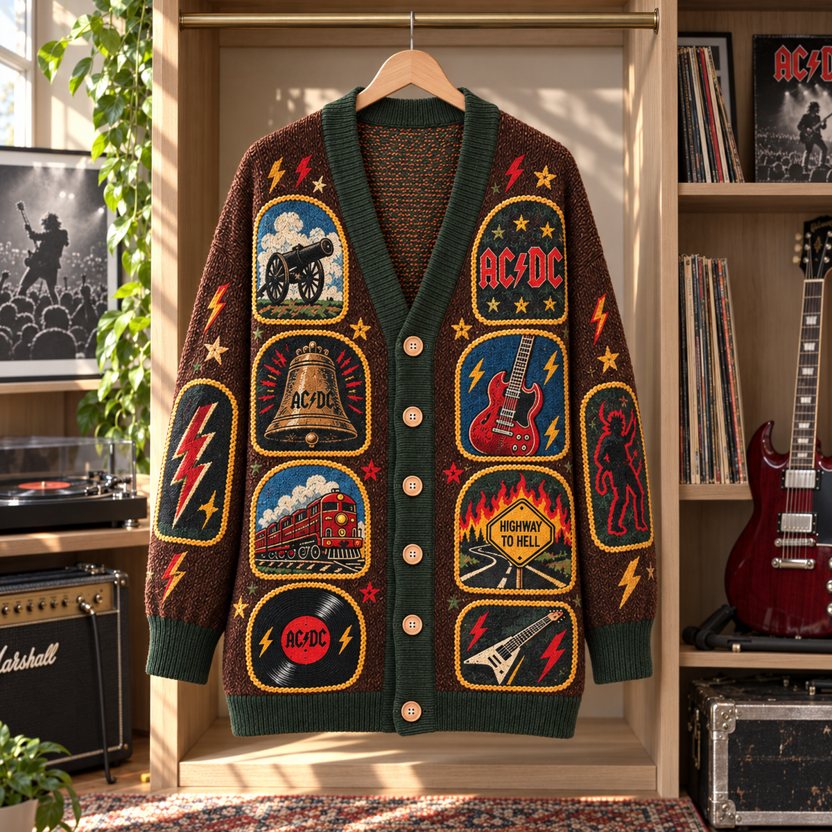 AC/DC Patchwork Cardigan, Highway to Hell Hells Bells Knit Sweater, Vintage Hard Rock Band Cardigan Gift