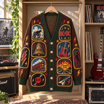AC/DC Patchwork Cardigan, Highway to Hell Hells Bells Knit Sweater, Vintage Hard Rock Band Cardigan Gift