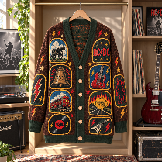 AC/DC Patchwork Cardigan, Highway to Hell Hells Bells Knit Sweater, Vintage Hard Rock Band Cardigan Gift