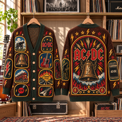 AC/DC Patchwork Cardigan, Highway to Hell Hells Bells Knit Sweater, Vintage Hard Rock Band Cardigan Gift