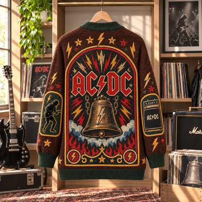 AC/DC Patchwork Cardigan, Highway to Hell Hells Bells Knit Sweater, Vintage Hard Rock Band Cardigan Gift