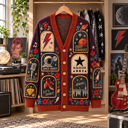 David Bowie Patchwork Cardigan, Ziggy Stardust Space Oddity Blackstar Knit Sweater, Vintage Glam Rock Cardigan Gift