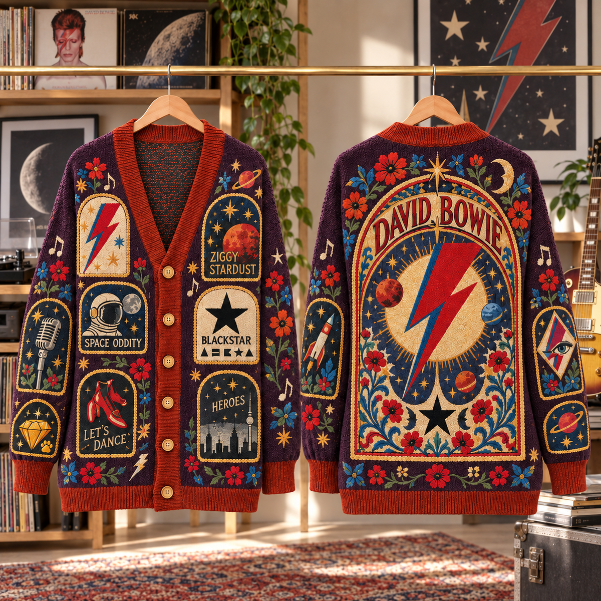 David Bowie Patchwork Cardigan, Ziggy Stardust Space Oddity Blackstar Knit Sweater, Vintage Glam Rock Cardigan Gift