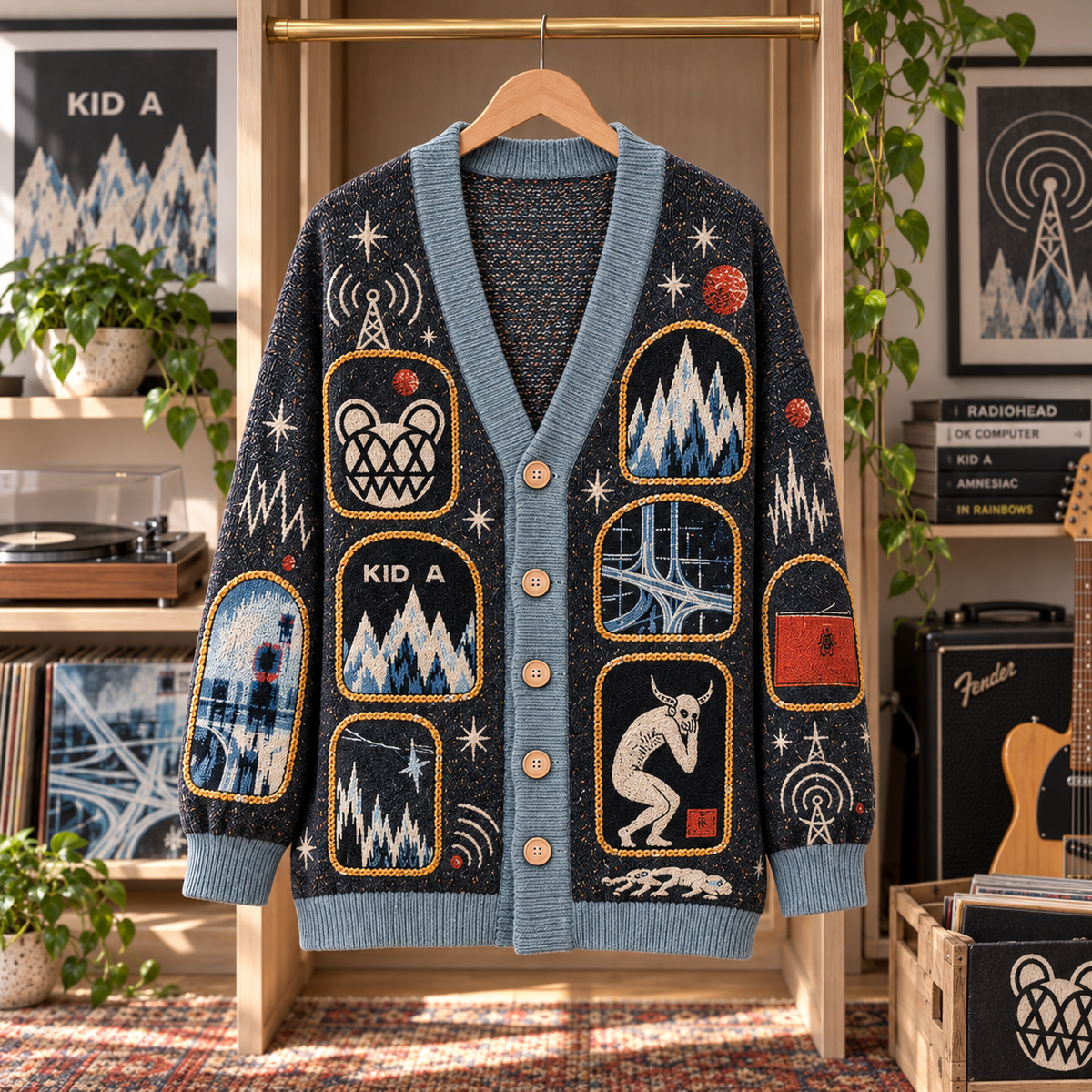 Radiohead Patchwork Cardigan, Kid A OK Computer Knit Sweater, Alternative Rock Vintage Music Cardigan Gift