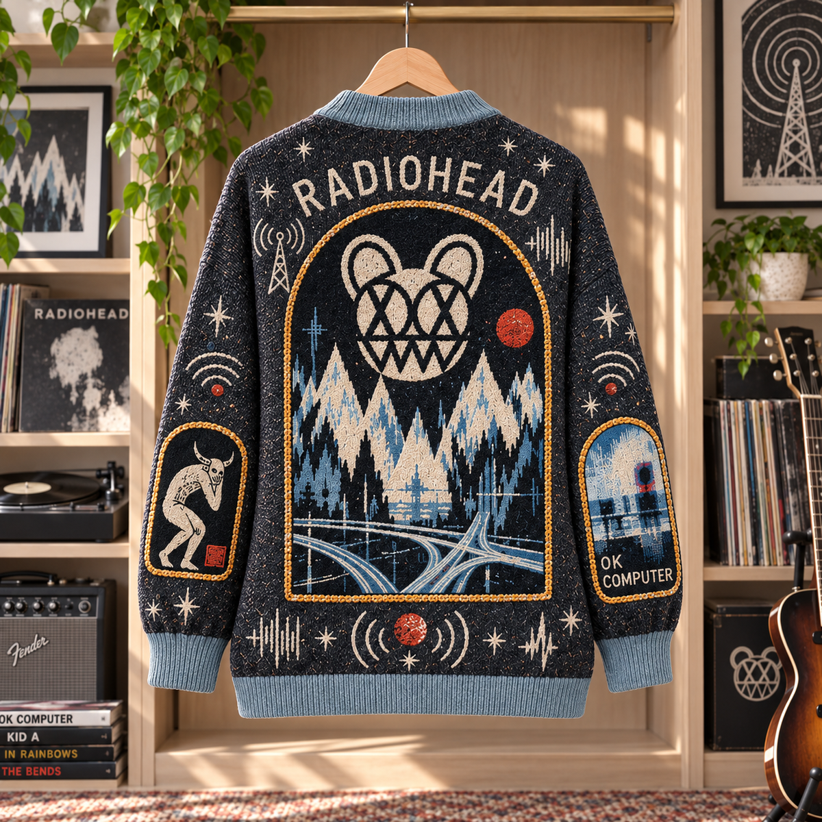 Radiohead Patchwork Cardigan, Kid A OK Computer Knit Sweater, Alternative Rock Vintage Music Cardigan Gift