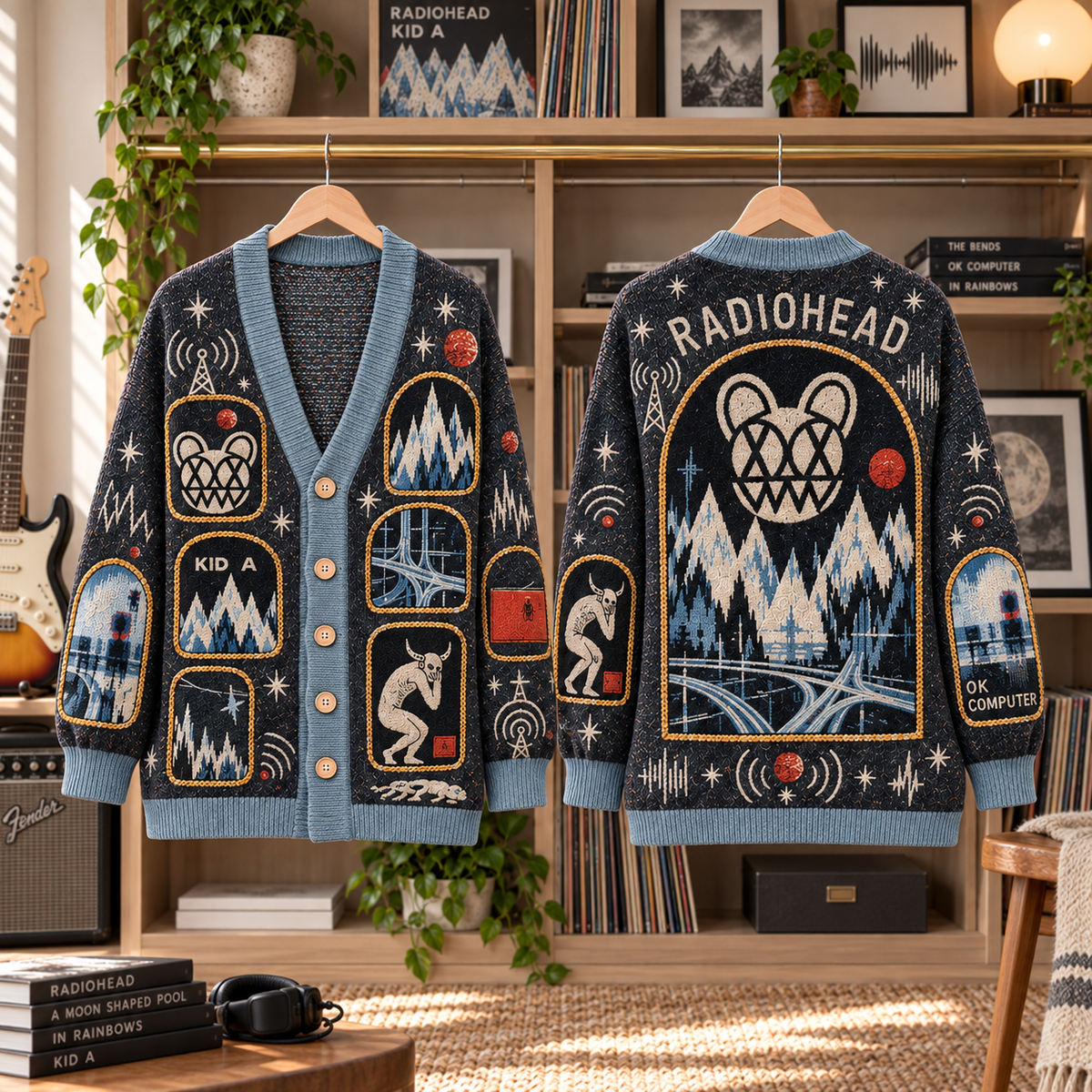 Radiohead Patchwork Cardigan, Kid A OK Computer Knit Sweater, Alternative Rock Vintage Music Cardigan Gift