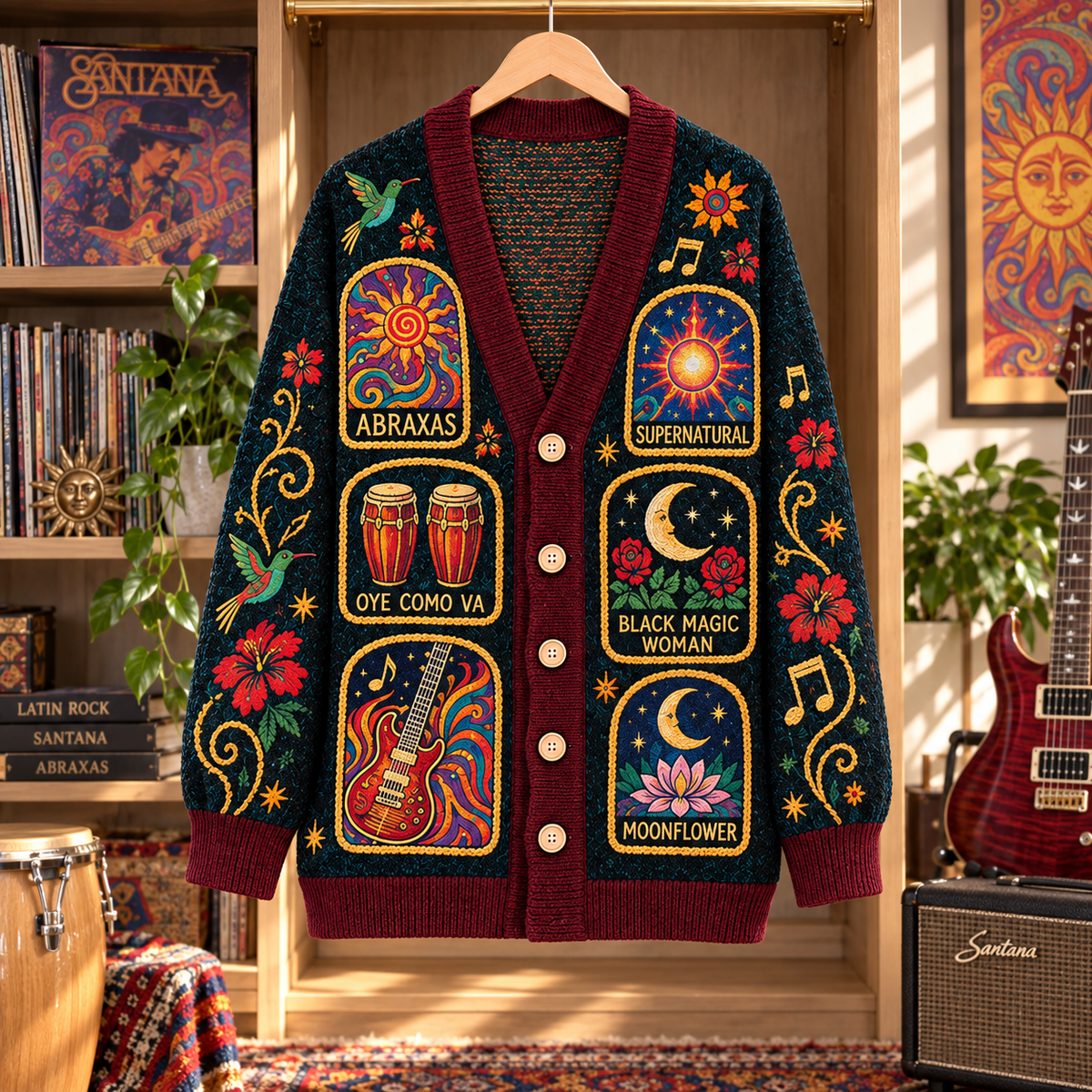 Santana Patchwork Cardigan, Abraxas Supernatural Oye Como Va Knit Sweater, Psychedelic Latin Rock Cardigan Gift