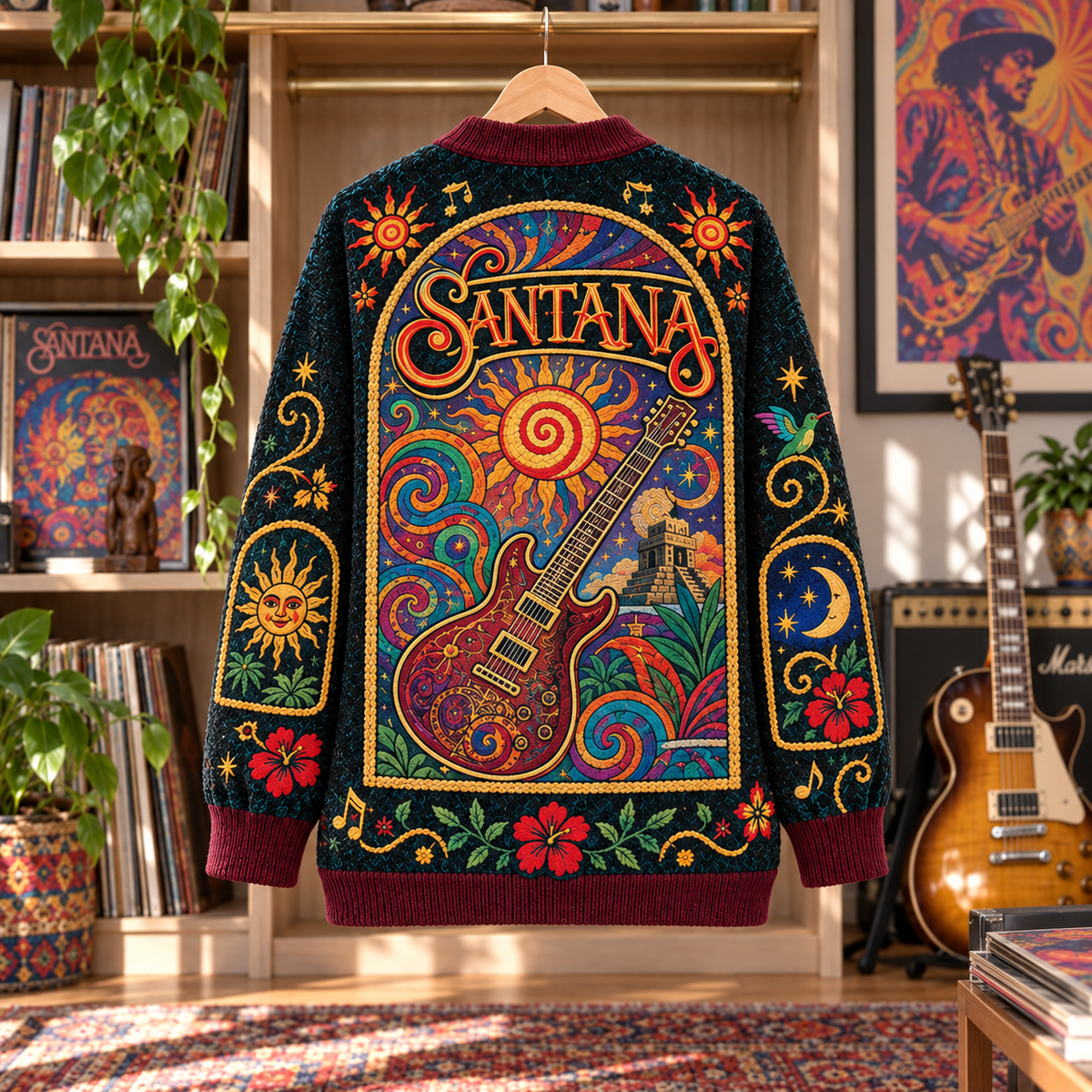 Santana Patchwork Cardigan, Abraxas Supernatural Oye Como Va Knit Sweater, Psychedelic Latin Rock Cardigan Gift