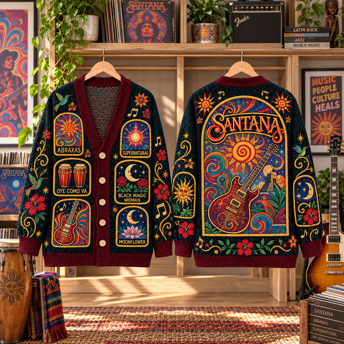 Santana Patchwork Cardigan, Abraxas Supernatural Oye Como Va Knit Sweater, Psychedelic Latin Rock Cardigan Gift
