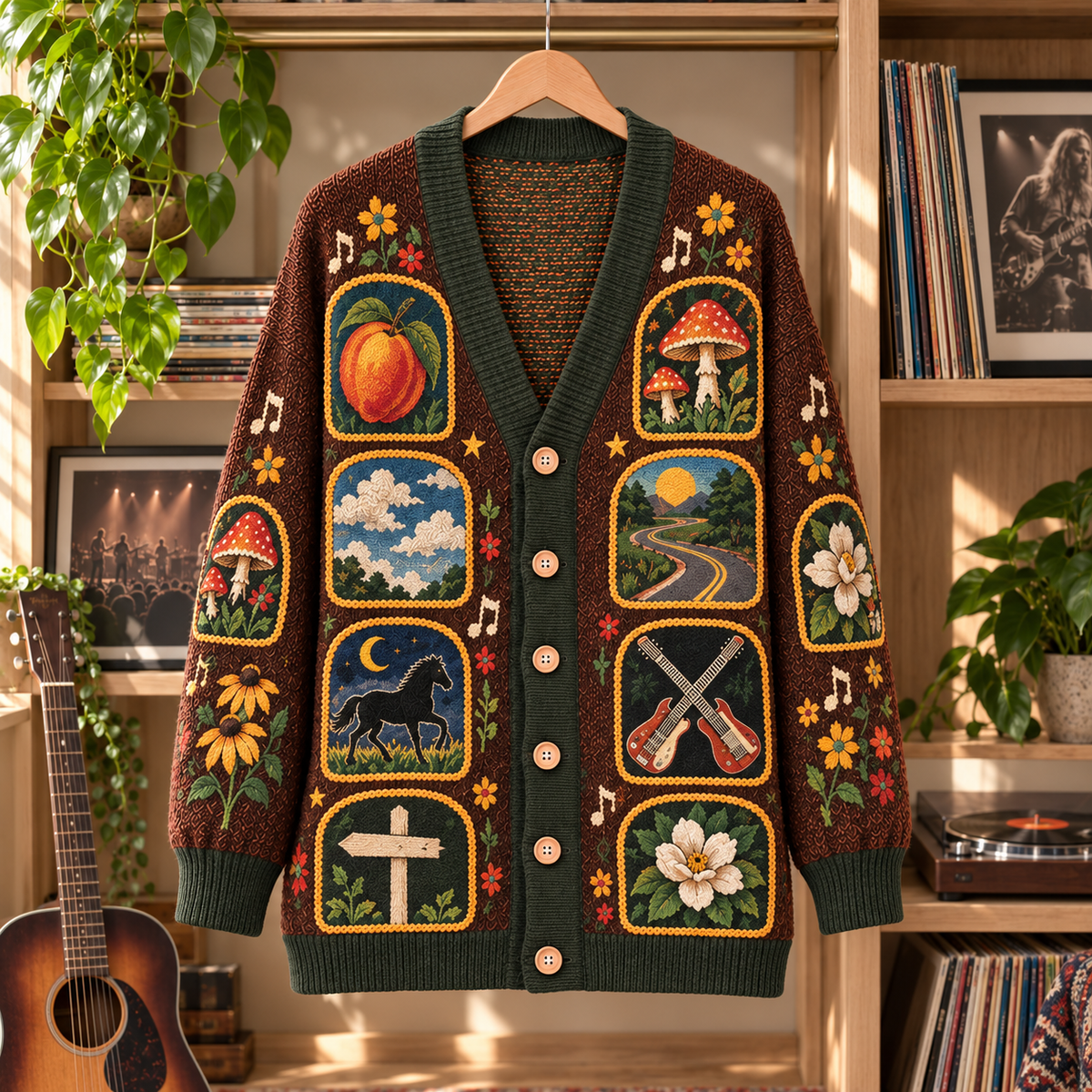 The Allman Brothers Band Patchwork Cardigan, Eat a Peach Southern Rock Knit Sweater, Vintage Jam Band Cardigan Gift