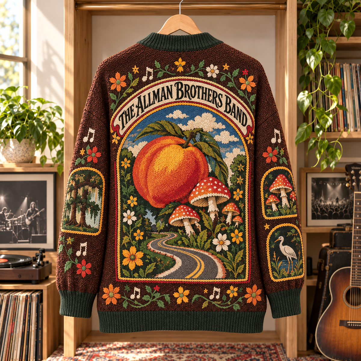 The Allman Brothers Band Patchwork Cardigan, Eat a Peach Southern Rock Knit Sweater, Vintage Jam Band Cardigan Gift
