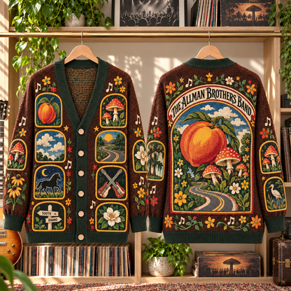 The Allman Brothers Band Patchwork Cardigan, Eat a Peach Southern Rock Knit Sweater, Vintage Jam Band Cardigan Gift