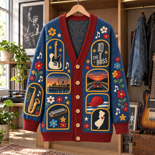 Bruce Springsteen Patchwork Cardigan, Born to Run The Boss Knit Sweater, Vintage Americana Rock Cardigan Gift