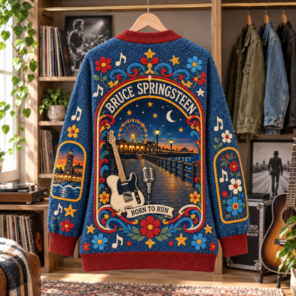 Bruce Springsteen Patchwork Cardigan, Born to Run The Boss Knit Sweater, Vintage Americana Rock Cardigan Gift