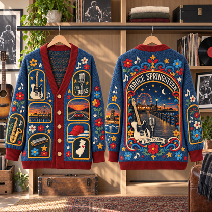 Bruce Springsteen Patchwork Cardigan, Born to Run The Boss Knit Sweater, Vintage Americana Rock Cardigan Gift
