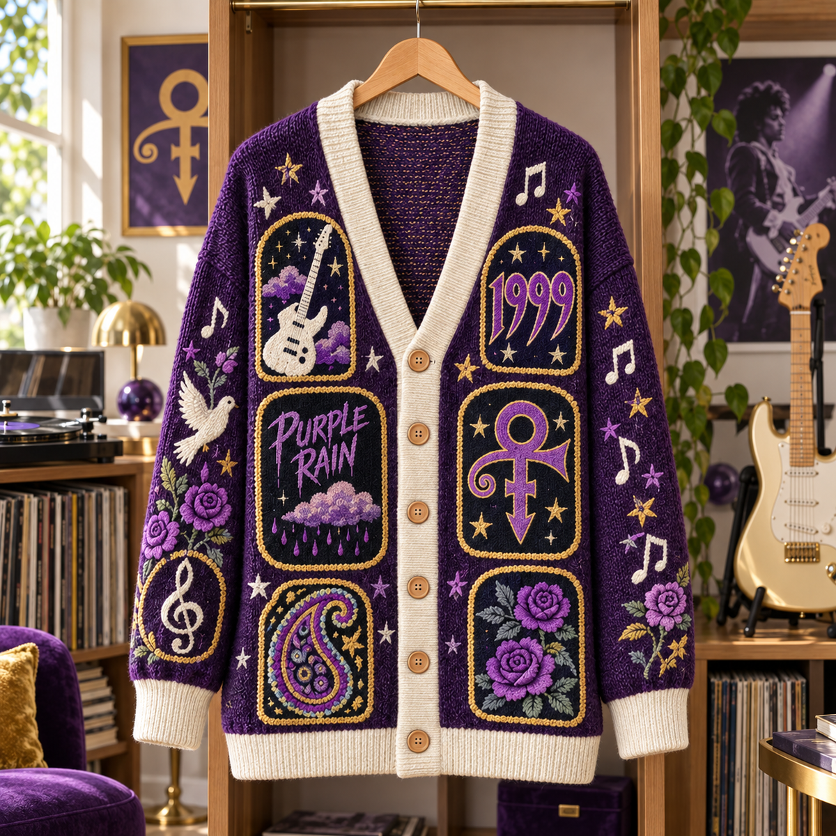 Prince Patchwork Cardigan, Purple Rain 1999 Symbol Knit Sweater, Vintage Paisley Music Cardigan Gift