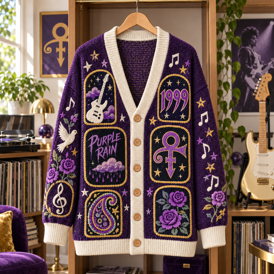 Prince Patchwork Cardigan, Purple Rain 1999 Symbol Knit Sweater, Vintage Paisley Music Cardigan Gift