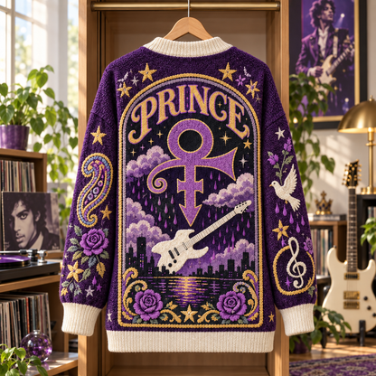 Prince Patchwork Cardigan, Purple Rain 1999 Symbol Knit Sweater, Vintage Paisley Music Cardigan Gift