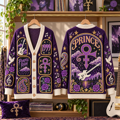 Prince Patchwork Cardigan, Purple Rain 1999 Symbol Knit Sweater, Vintage Paisley Music Cardigan Gift