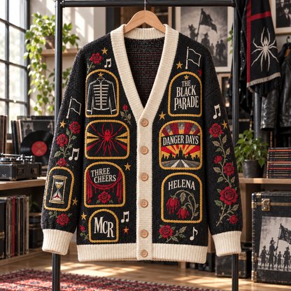 My Chemical Romance Patchwork Cardigan, The Black Parade Three Cheers Danger Days Knit Sweater, Gothic Emo Rock Cardigan Gift