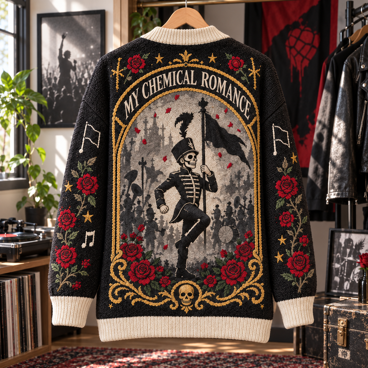 My Chemical Romance Patchwork Cardigan, The Black Parade Three Cheers Danger Days Knit Sweater, Gothic Emo Rock Cardigan Gift