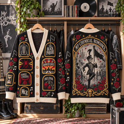 My Chemical Romance Patchwork Cardigan, The Black Parade Three Cheers Danger Days Knit Sweater, Gothic Emo Rock Cardigan Gift