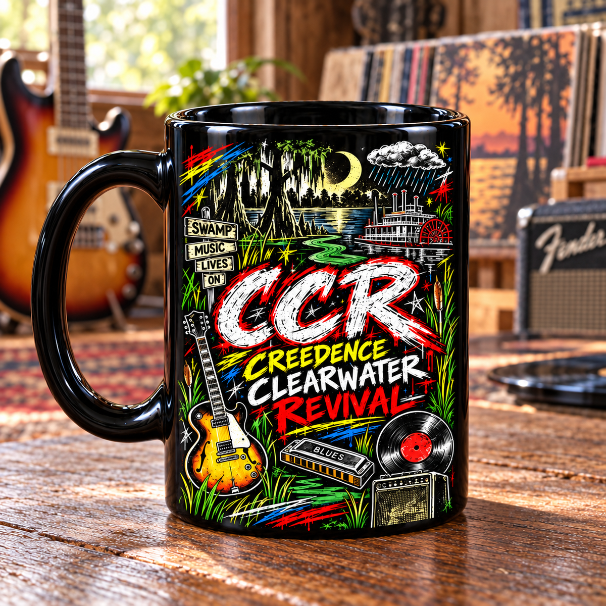 Creedence Clearwater Revival Graffiti Mug, Fortunate Son & Bad Moon Rising Coffee Cup, CCR Classic Rock Music Gift
