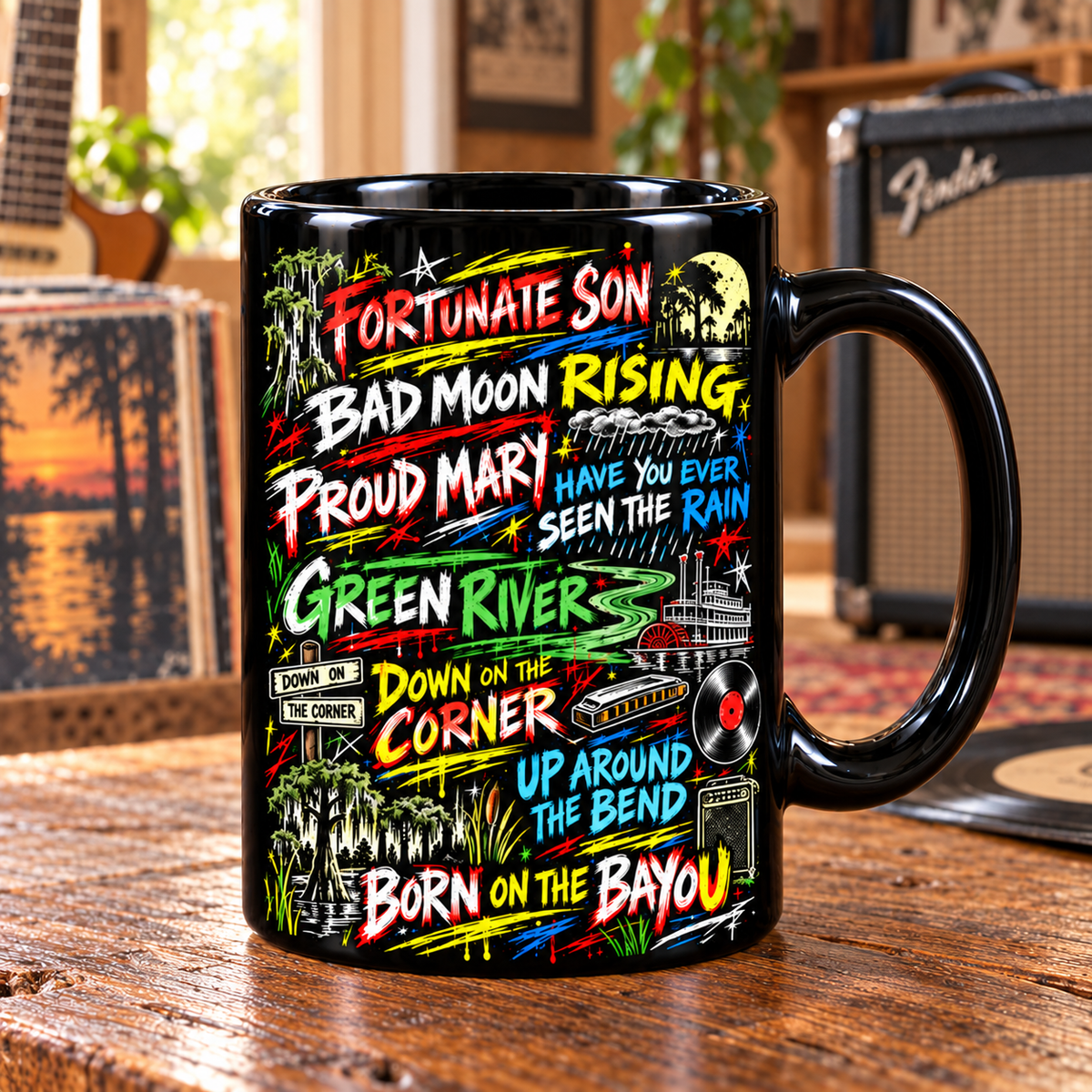 Creedence Clearwater Revival Graffiti Mug, Fortunate Son & Bad Moon Rising Coffee Cup, CCR Classic Rock Music Gift