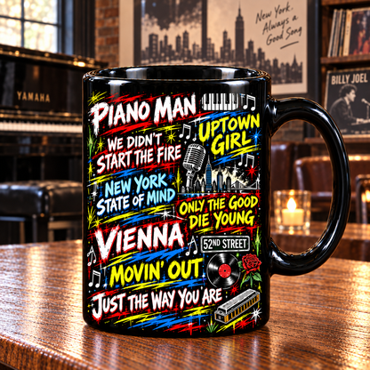 Billy Joel Graffiti Mug, Piano Man New York Coffee Cup, 52nd Street Music Gift, Classic Rock Piano Lover Mug
