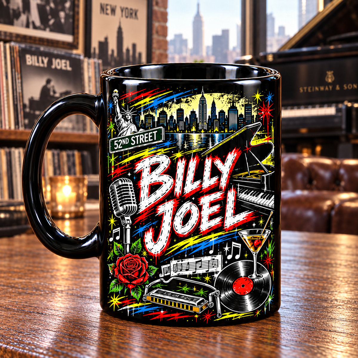 Billy Joel Graffiti Mug, Piano Man New York Coffee Cup, 52nd Street Music Gift, Classic Rock Piano Lover Mug