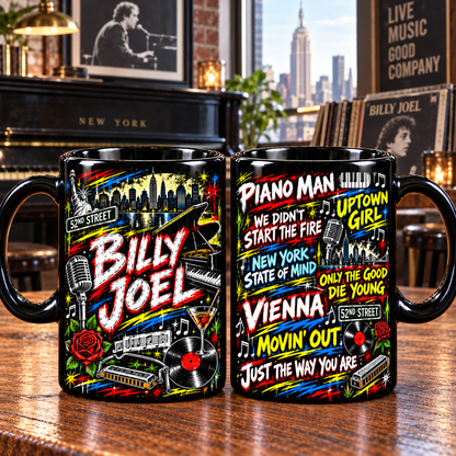 Billy Joel Graffiti Mug, Piano Man New York Coffee Cup, 52nd Street Music Gift, Classic Rock Piano Lover Mug