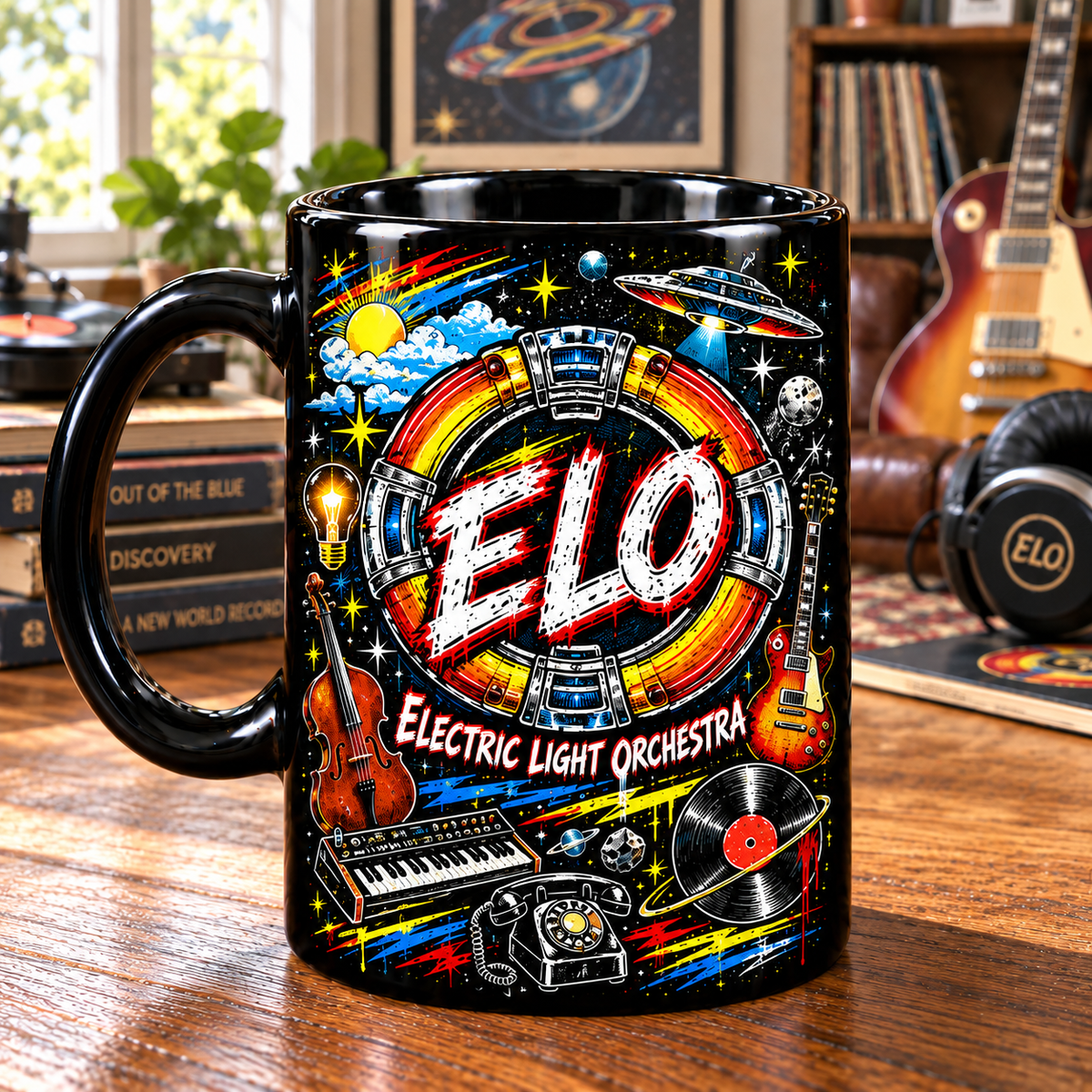 Electric Light Orchestra Graffiti Mug, Mr. Blue Sky Coffee Cup, Evil Woman & Telephone Line ELO Music Gift, Classic Rock Fan Mug