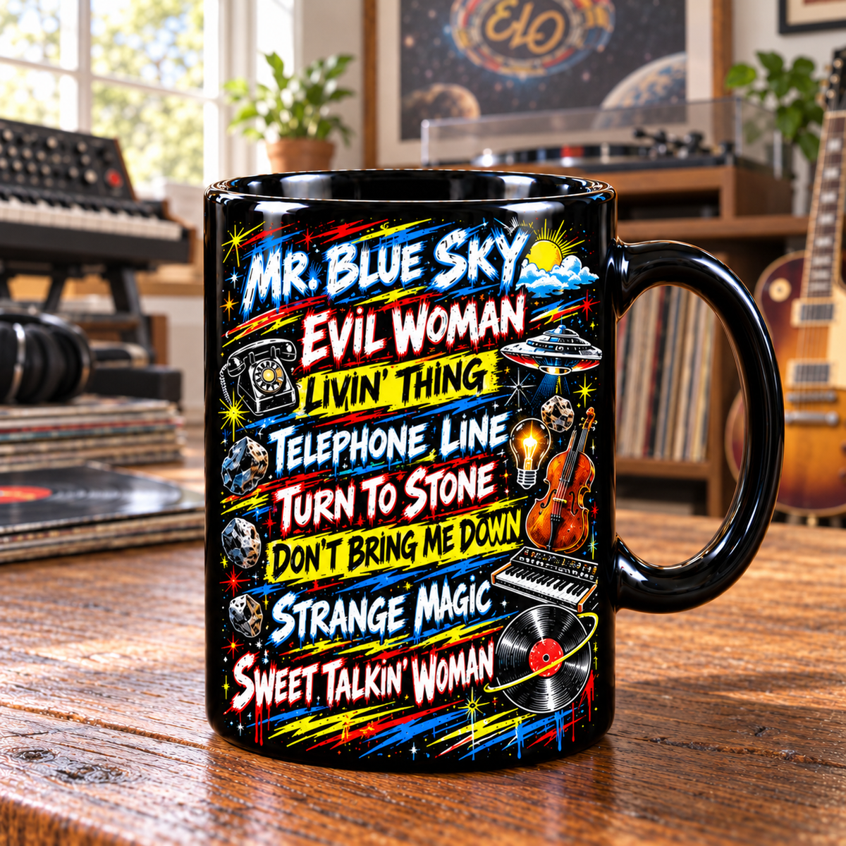 Electric Light Orchestra Graffiti Mug, Mr. Blue Sky Coffee Cup, Evil Woman & Telephone Line ELO Music Gift, Classic Rock Fan Mug