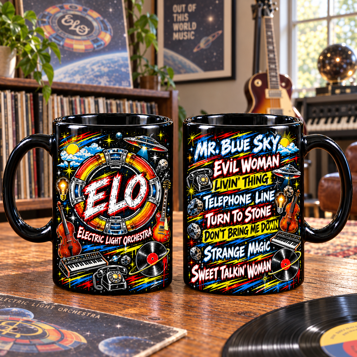 Electric Light Orchestra Graffiti Mug, Mr. Blue Sky Coffee Cup, Evil Woman & Telephone Line ELO Music Gift, Classic Rock Fan Mug