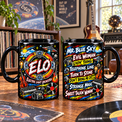 Electric Light Orchestra Graffiti Mug, Mr. Blue Sky Coffee Cup, Evil Woman & Telephone Line ELO Music Gift, Classic Rock Fan Mug