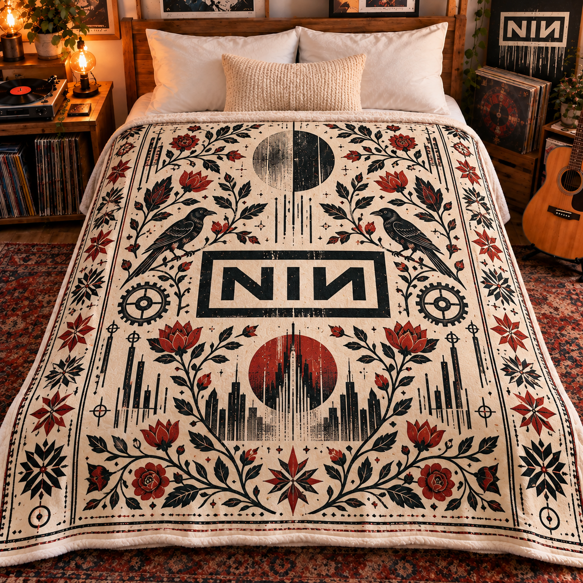 Nine Inch Nails Sherpa Blanket – NIN Industrial Rock Fleece Throw, Gothic Raven & Rose Music Decor, Gift for Alternative Rock Fans