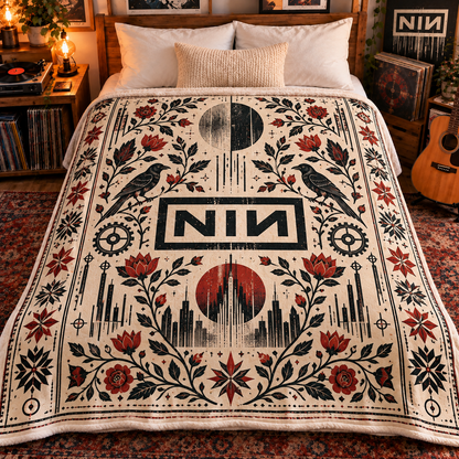 Nine Inch Nails Sherpa Blanket – NIN Industrial Rock Fleece Throw, Gothic Raven & Rose Music Decor, Gift for Alternative Rock Fans