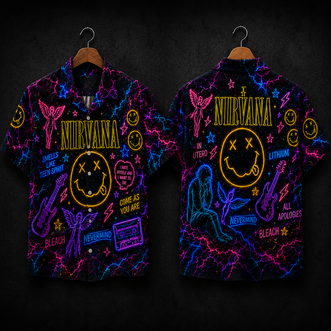 Nirvana Neon Hawaiian Shirt - Grunge Rock Band All Over Print Hawaiian Shirt - Retro 90s Music Summer Shirt