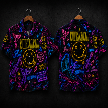 Nirvana Neon Hawaiian Shirt - Grunge Rock Band All Over Print Hawaiian Shirt - Retro 90s Music Summer Shirt