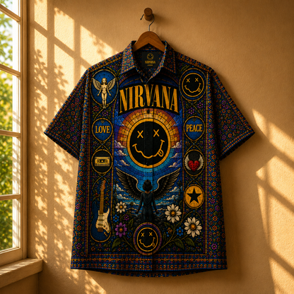 Nirvana Stained Glass Hawaiian Shirt - Unisex Retro Smiley Face Button Up