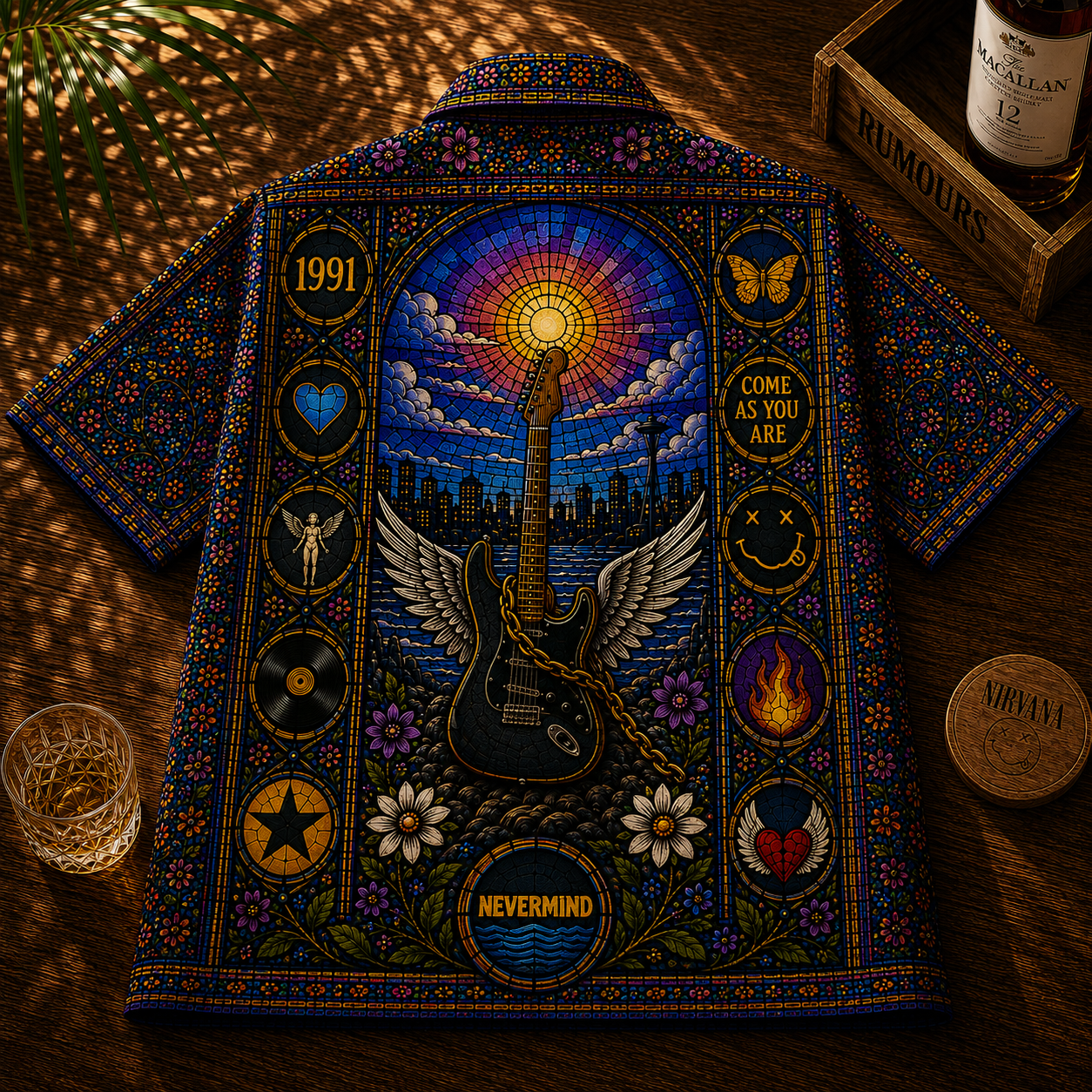 Nirvana Stained Glass Hawaiian Shirt - Unisex Retro Smiley Face Button Up